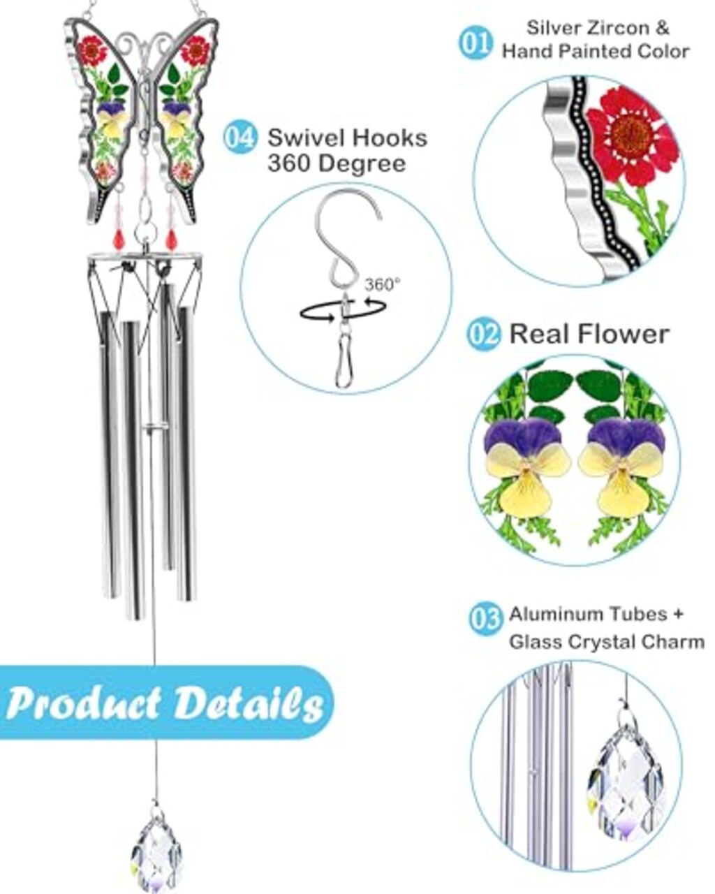 Wind Chimes Butterfly Wind Chimes for Outside Real Flower Outdoor Windchimes Gifts for mom Grandma Birthday Nana Gifts Garden Balcony Home Décor Wind Chimes with S Hook Memorial Wind Chimes